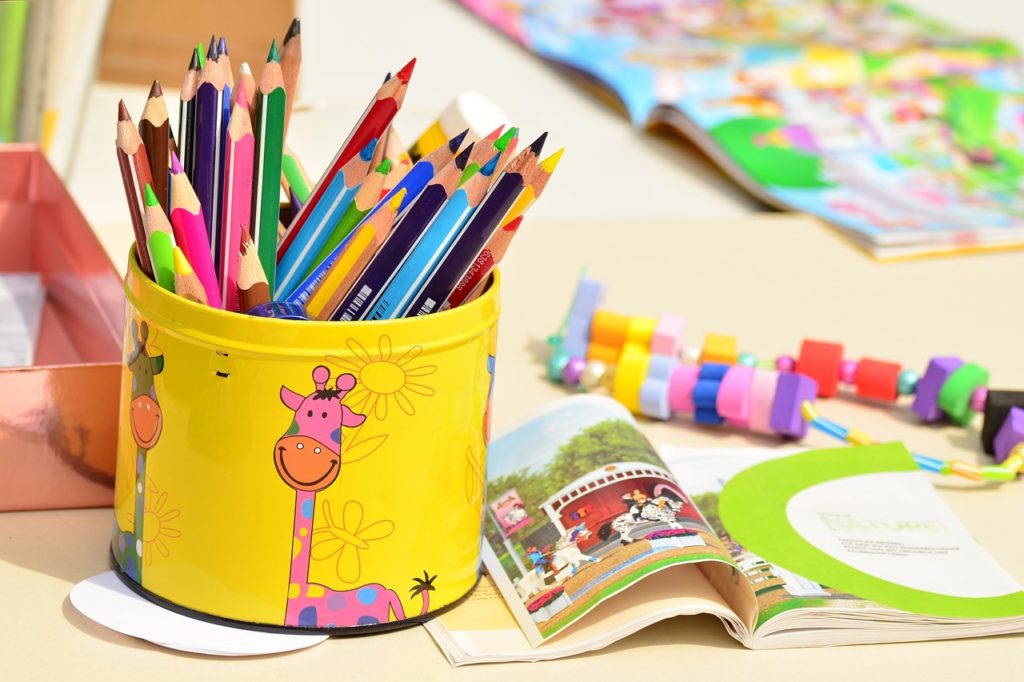 coloured pencils and kids toys